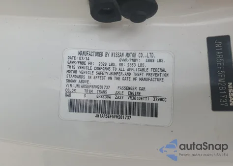 2015 Nissan Gt-R Premium z USA, uszkodzony, nr VIN JN1AR5EF5FM281737